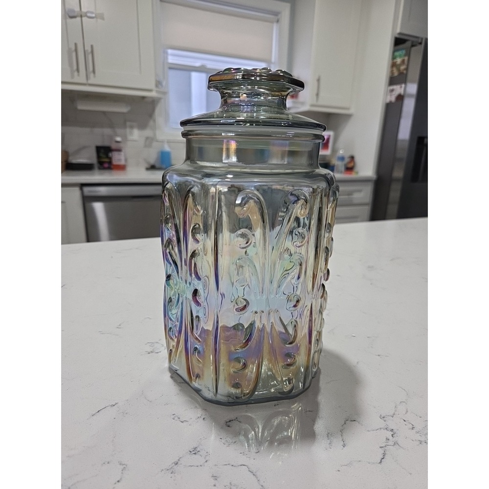 Vintage LE Smith Imperial Atterbury Scroll Canister Jar Iridescent Carnival 9"